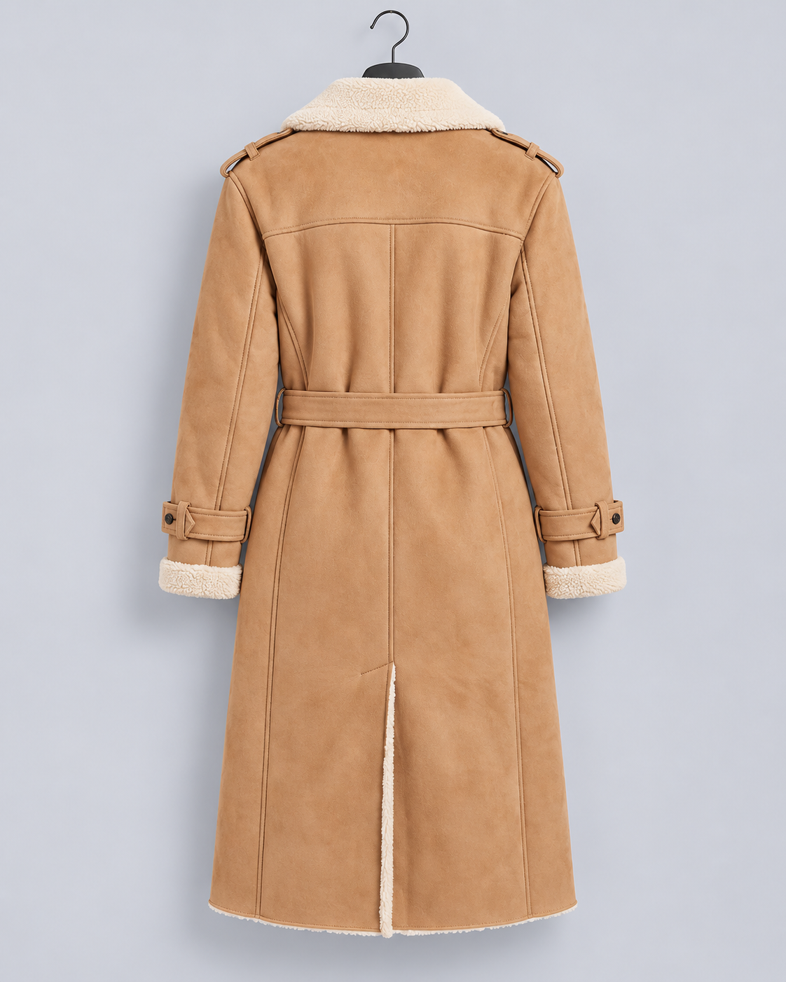 Women's Longline Aviator Coat – Faux Leather-Look Winter Coat with Borg Trim & Belt