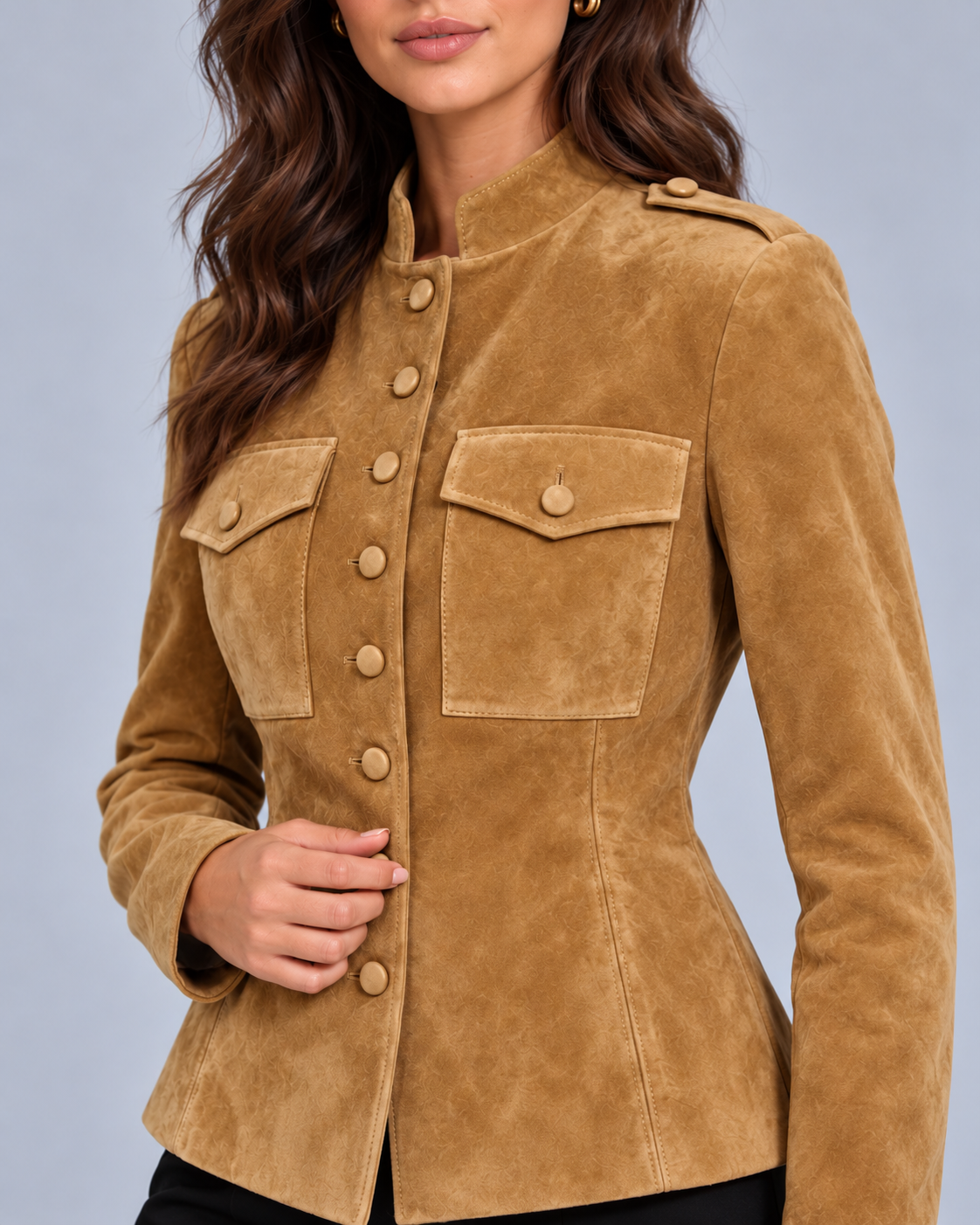 Women's Fitted Suede Jacket with Epaulettes