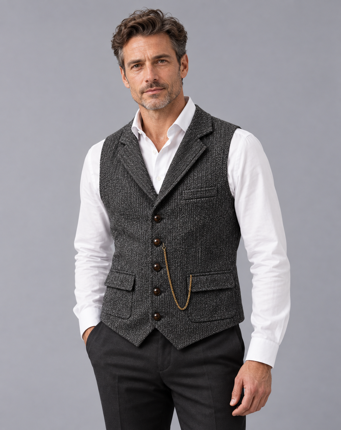 Men's Herringbone Waistcoat with Lapels – Five-Button Front, Flap Pockets and Pocket Chain