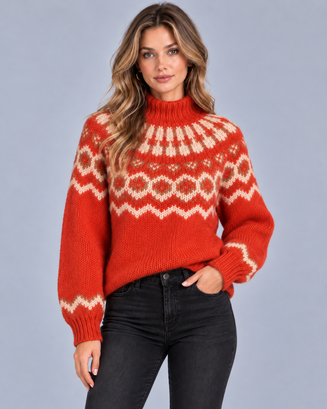 Women's Chunky Fair Isle Jumper with High Neck Collar