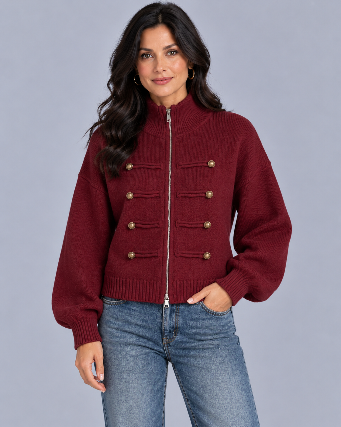 Women's Military Zip-Up Knit Cardigan | Funnel Neck Jacket with Dropped Shoulders