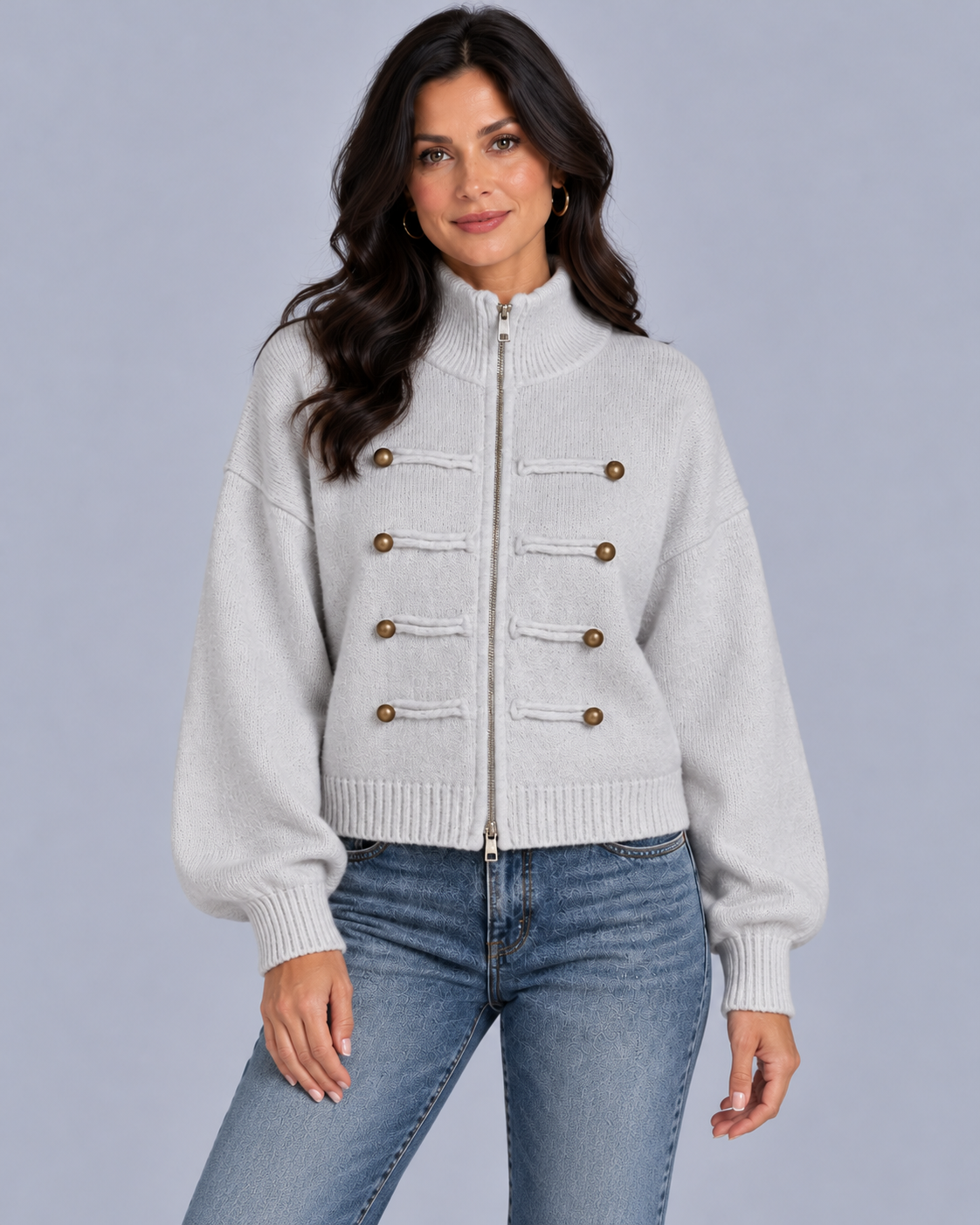 Women's Military Zip-Up Knit Cardigan | Funnel Neck Jacket with Dropped Shoulders