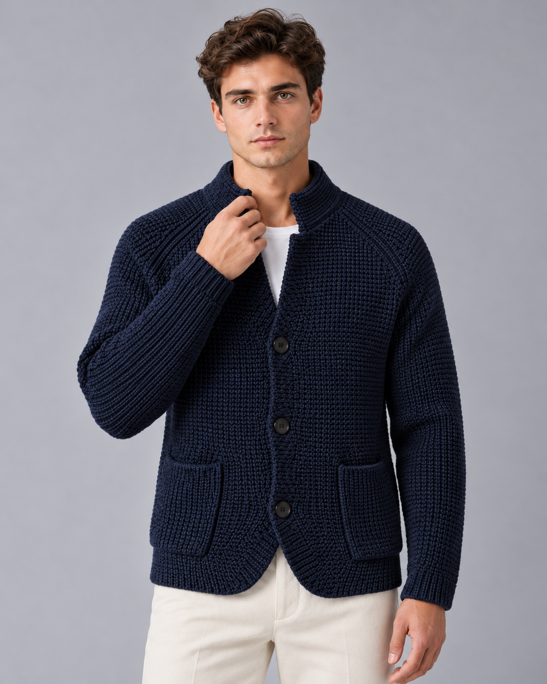Men's Chunky Knit Cardigan – Stand Collar, Button Front