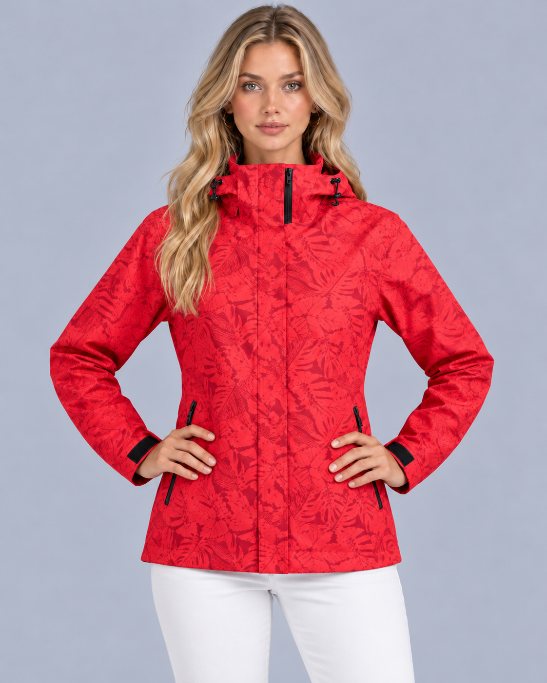 Women's Waterproof Hooded Jacket – Leaf Print, Drawstring Waist