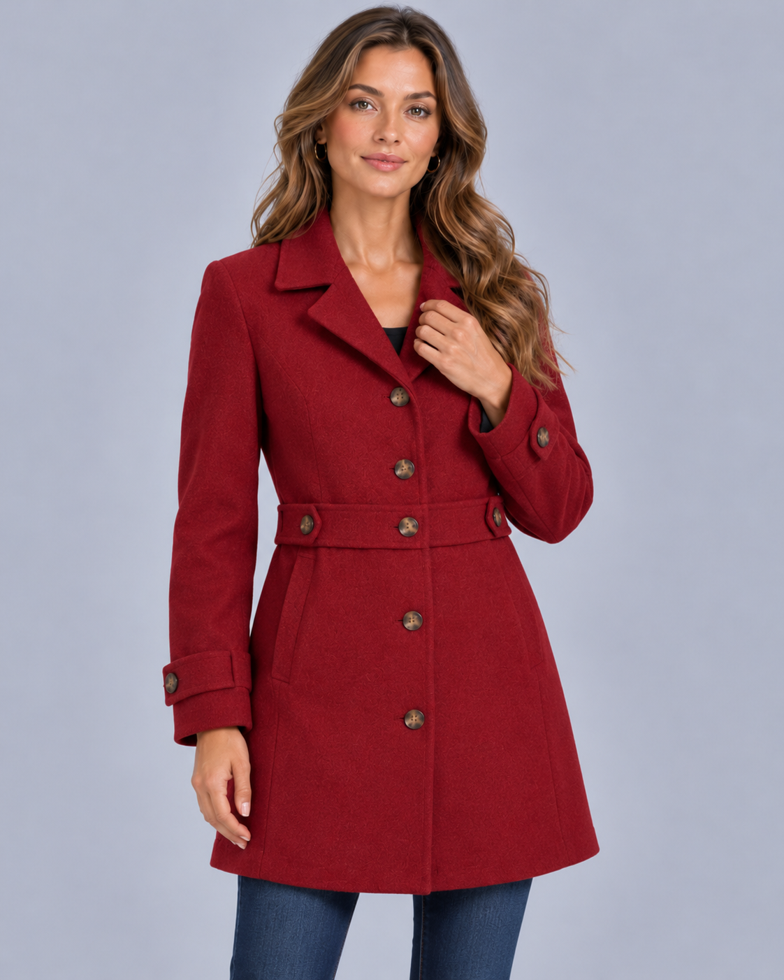 Women's Tailored Longline Coat – Button Front, Waist Tab Detail