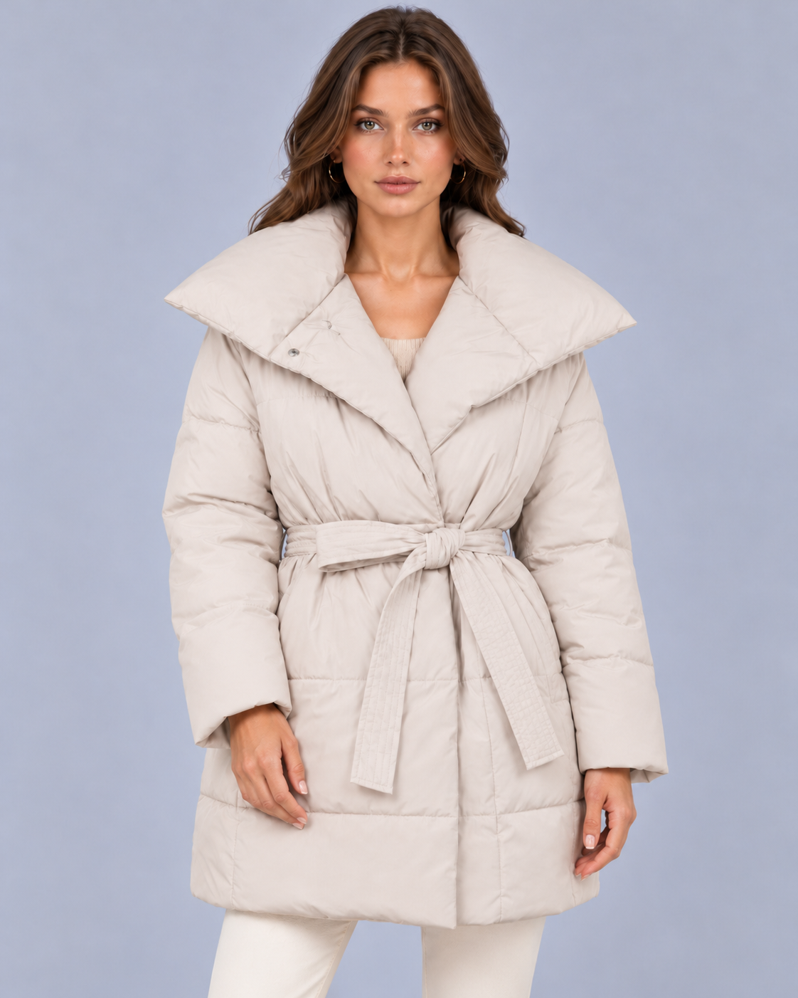 Women's Belted Puffer Jacket – Quilted, Full Zip, Regular Fit