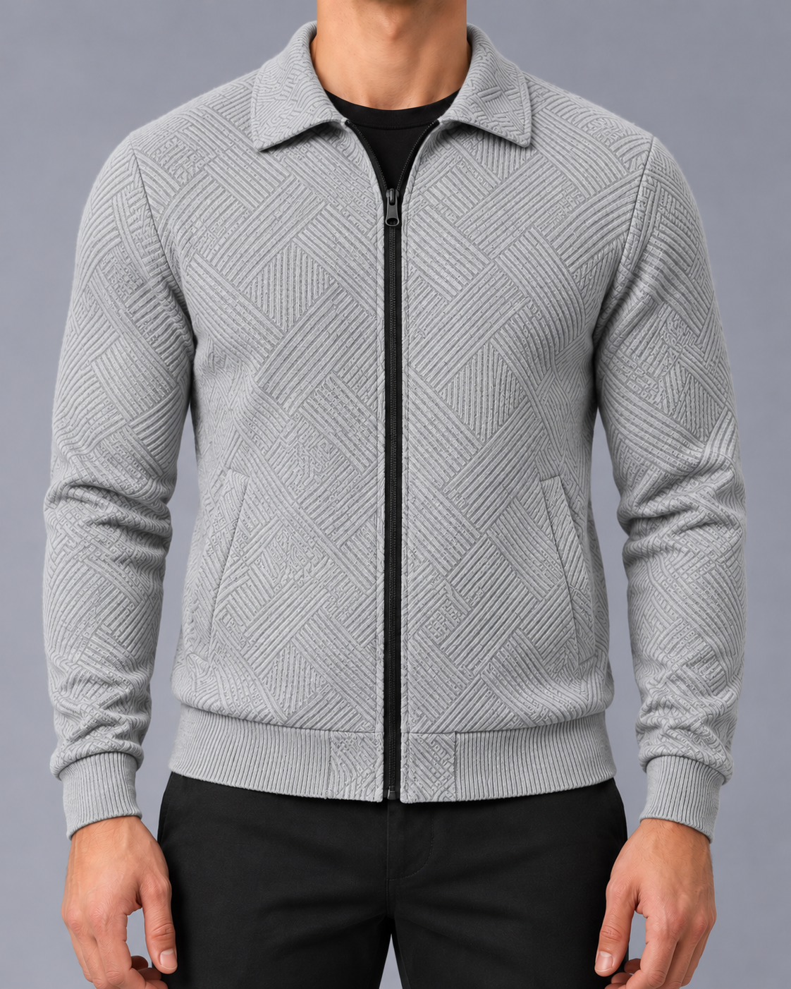 Men's Textured Zip-Up Jacket with Collar