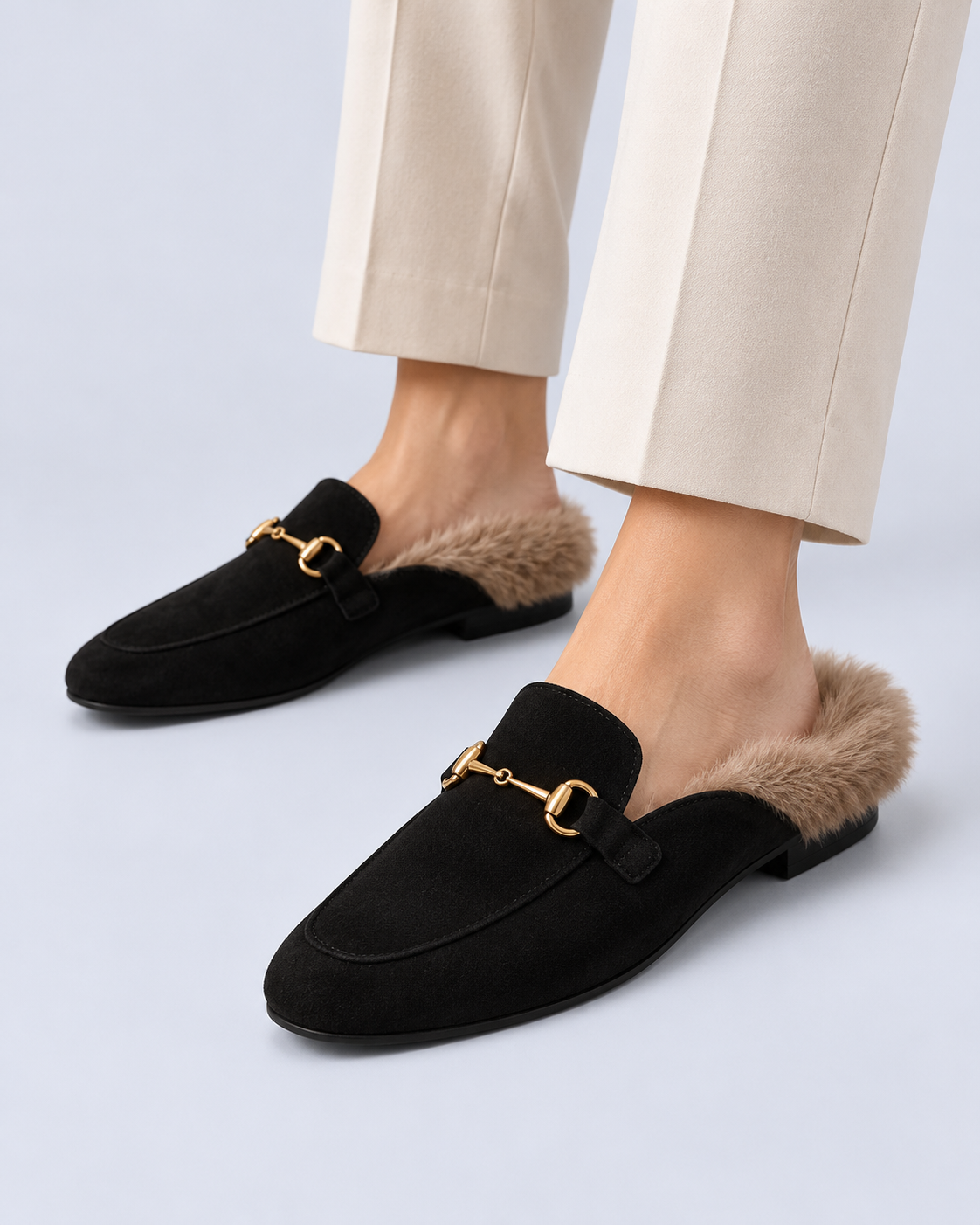 Women's Fur-Lined Suede Mules with Horsebit Detail