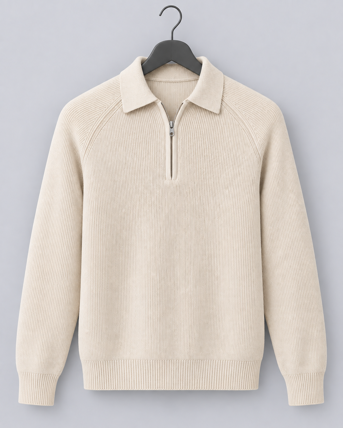 Men's Knitted Quarter-Zip Sweater with Collar and Raglan Sleeves