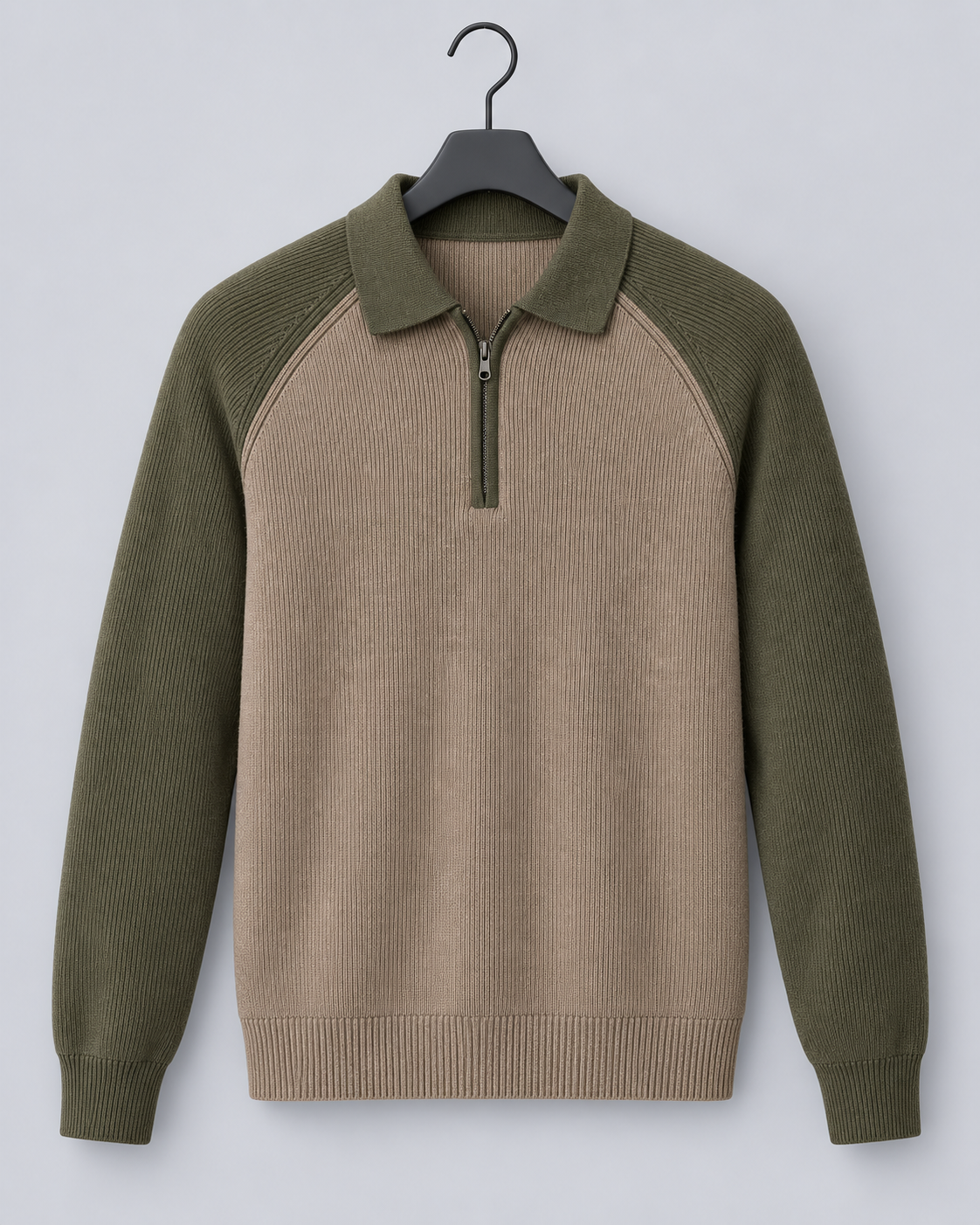 Men's Knitted Quarter-Zip Sweater with Collar and Raglan Sleeves