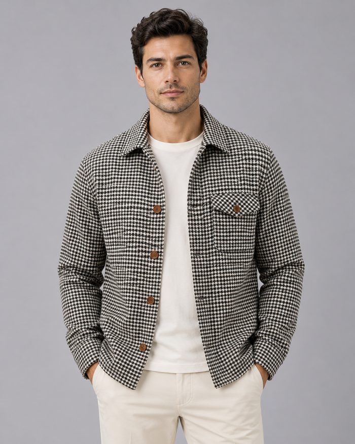 Men's Houndstooth Overshirt – Button-Up Shirt Jacket with Flap Chest Pocket, Regular Fit