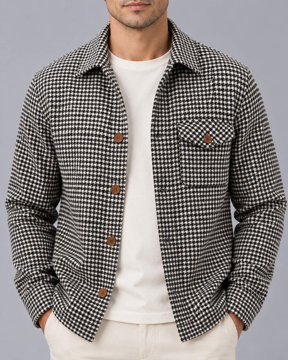 Men's Houndstooth Overshirt – Button-Up Shirt Jacket with Flap Chest Pocket, Regular Fit
