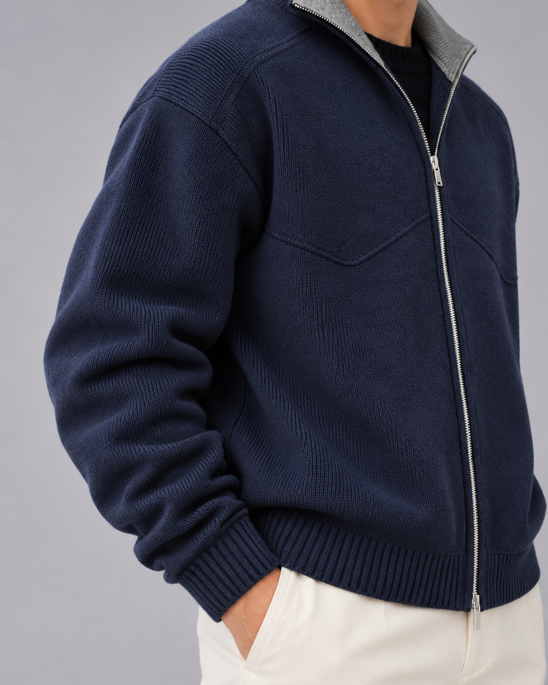 Men's Knitted Zip Cardigan – Stand Collar with Contrast Facing, Full Zip, Ribbed Cuffs, Relaxed Fit