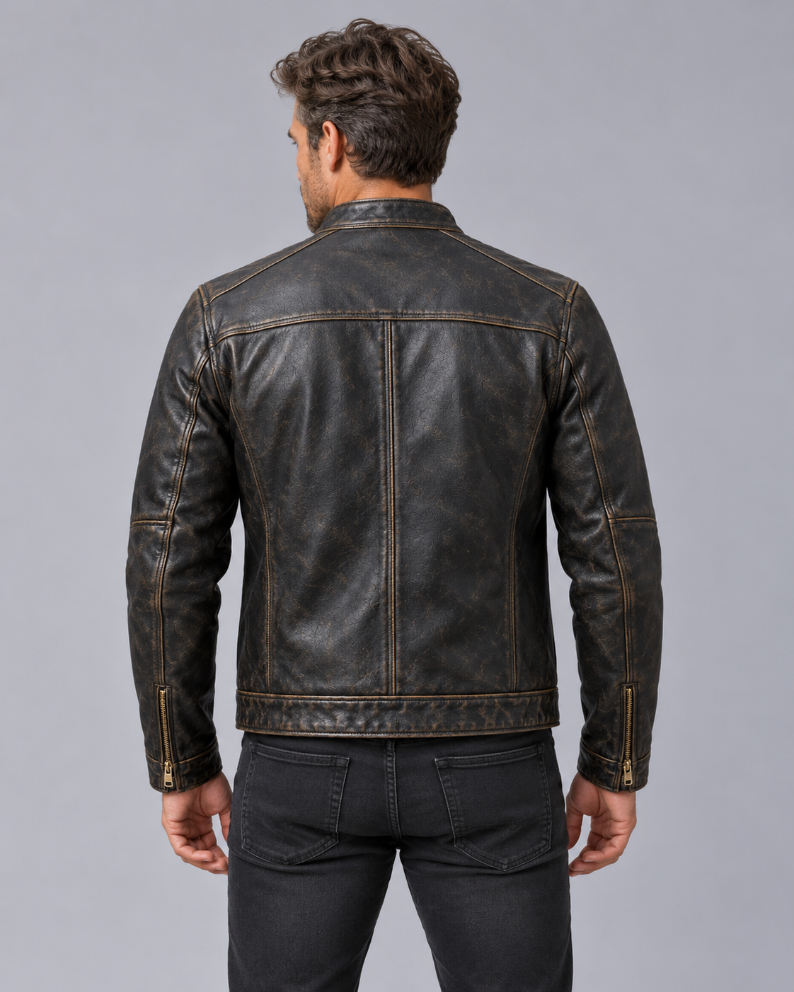 Men's Distressed Leather Jacket – Vintage Patina Finish, Stand Collar, 4 Zip Pockets