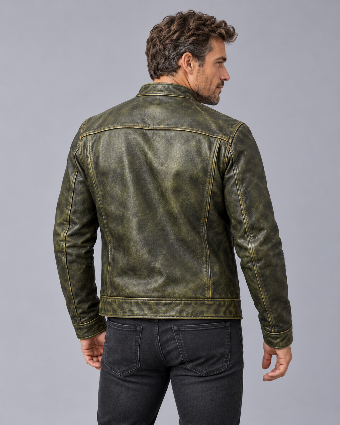 Men's Distressed Leather Jacket – Vintage Patina Finish, Stand Collar, 4 Zip Pockets