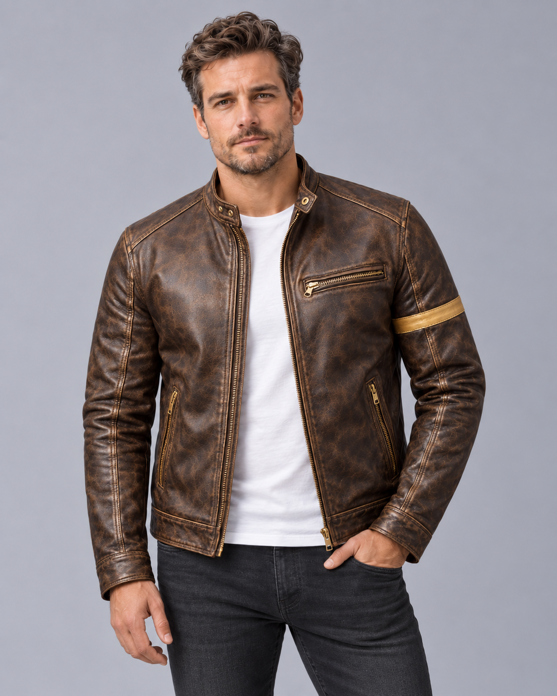Men's Distressed Leather Jacket – Vintage Patina Finish, Stand Collar, 4 Zip Pockets