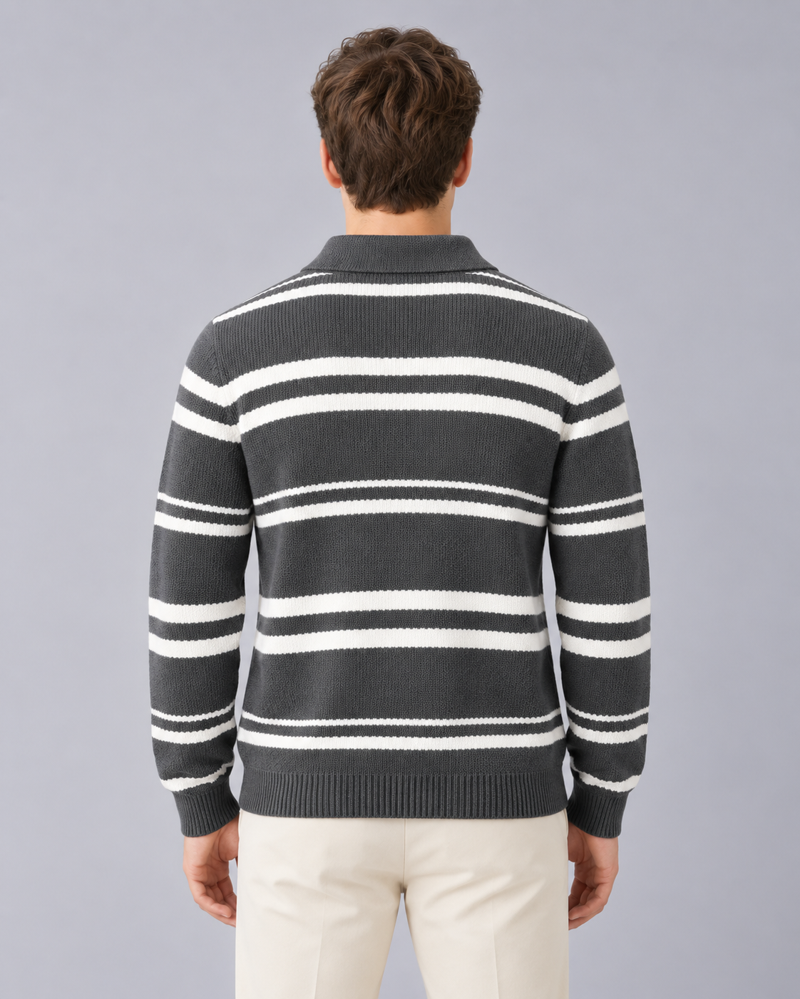 Men's Long Sleeve Knitted Polo – Striped Cotton-Blend Knit, Open Collar