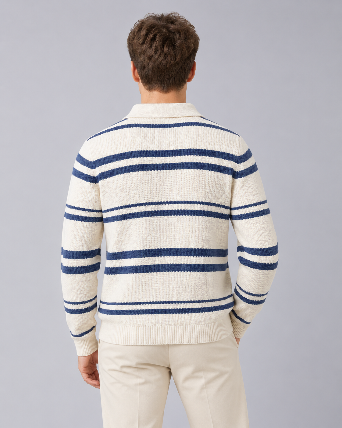Men's Long Sleeve Knitted Polo – Striped Cotton-Blend Knit, Open Collar