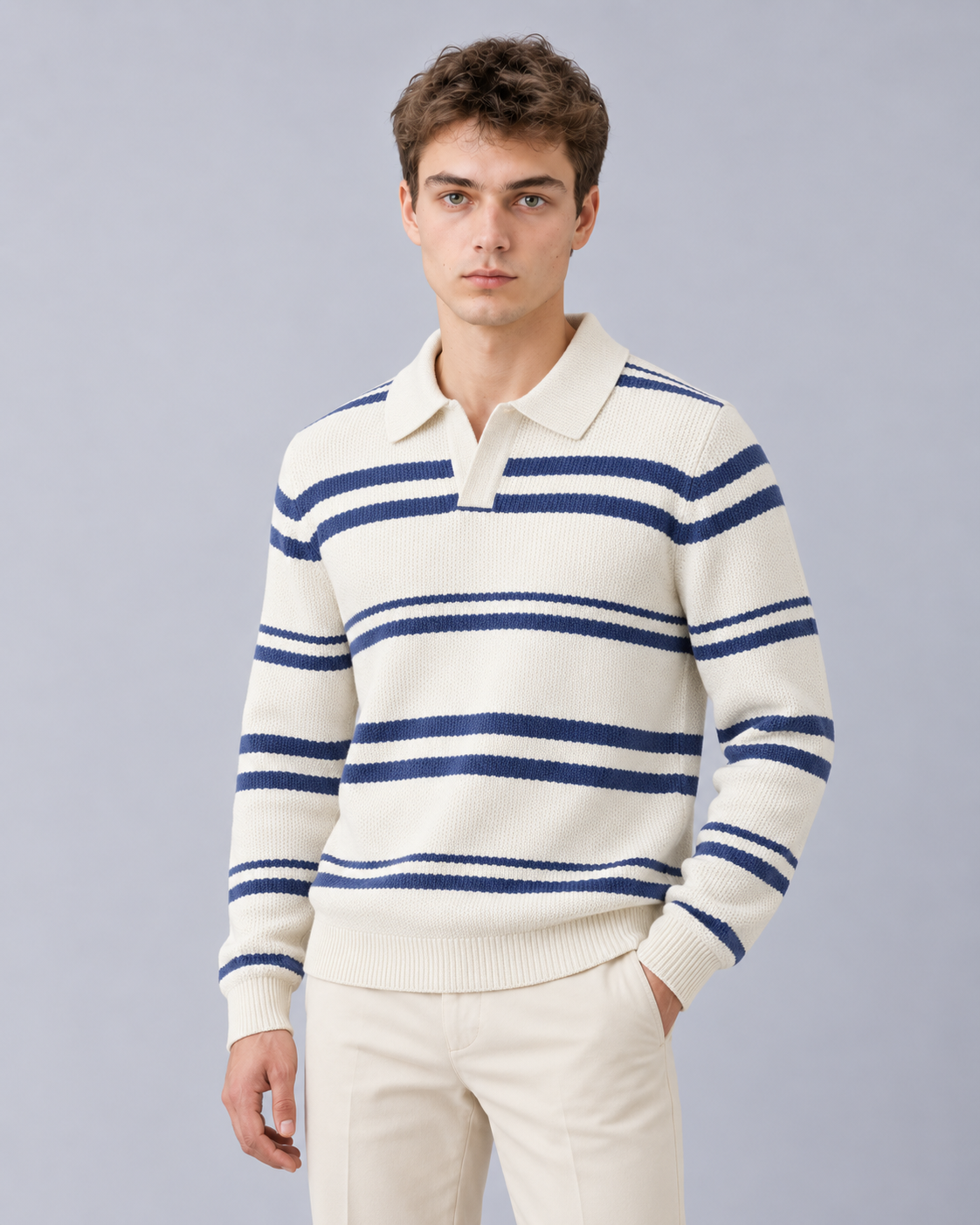 Men's Long Sleeve Knitted Polo – Striped Cotton-Blend Knit, Open Collar