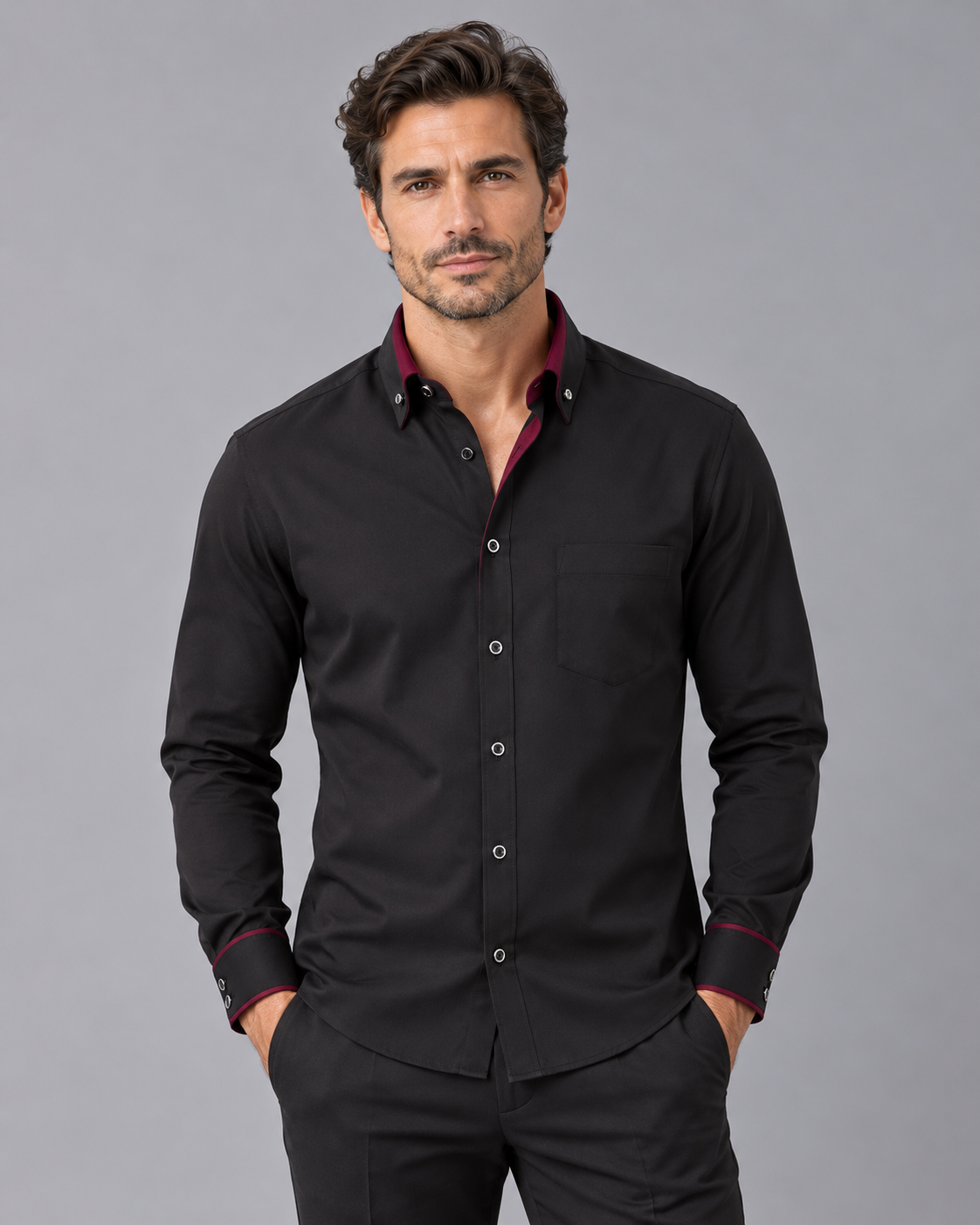 Men's Long Sleeve Shirt – Tailored Fit, Button-Down Collar, Chest Pocket