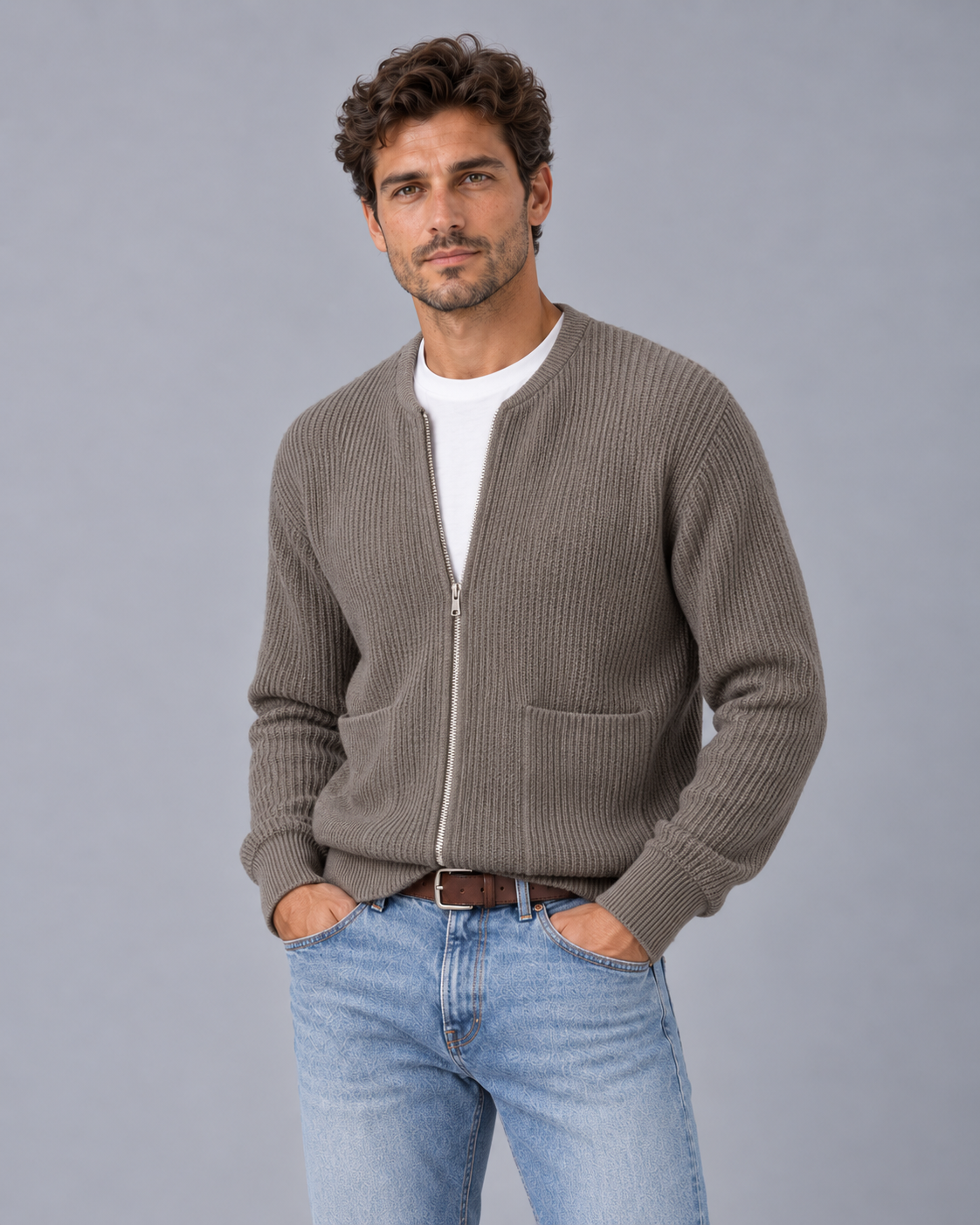 Men's Zip Up Cardigan – Chunky Rib Knit with Crew Neck and Two Front Pockets