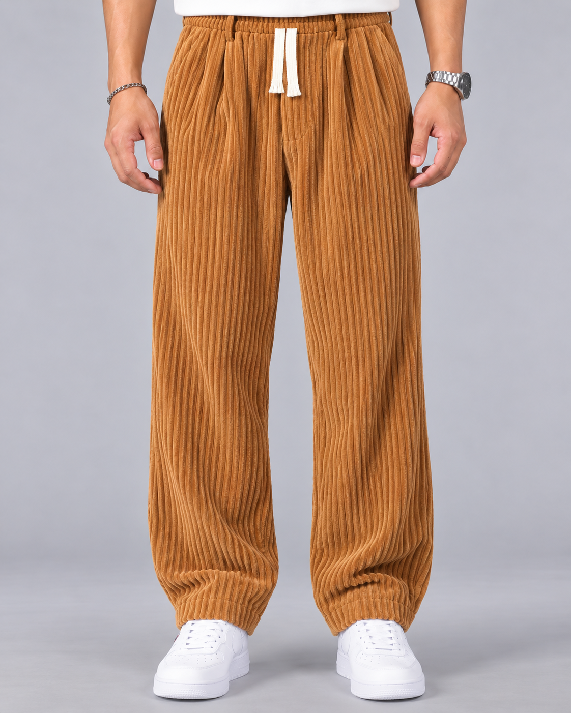 Men's Wide Leg Corduroy Trousers – Elasticated Drawstring Waist, Pleated Front, Relaxed Fit