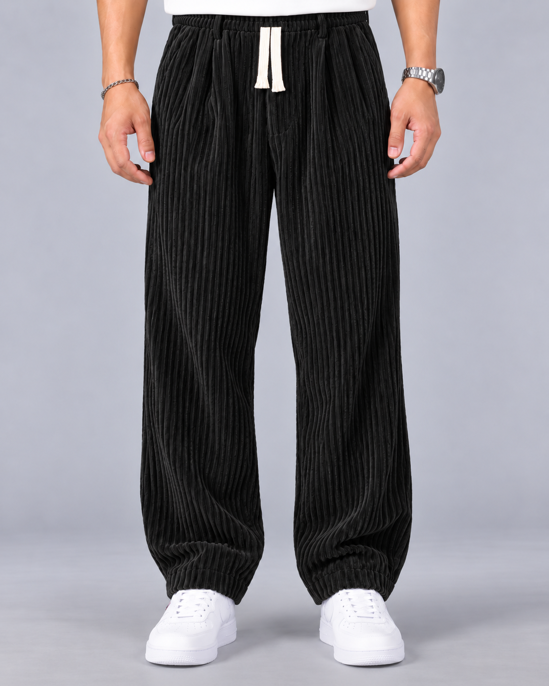 Men's Wide Leg Corduroy Trousers – Elasticated Drawstring Waist, Pleated Front, Relaxed Fit