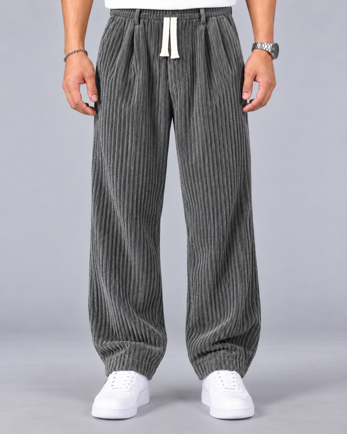 Men's Wide Leg Corduroy Trousers – Elasticated Drawstring Waist, Pleated Front, Relaxed Fit