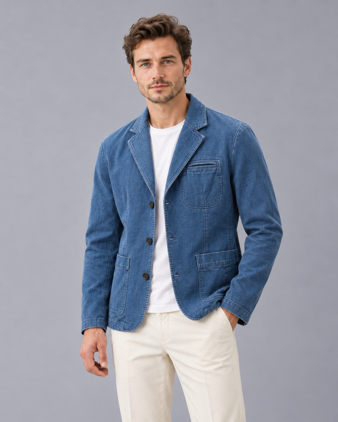 Men's Denim Blazer Jacket in Washed Cotton – Casual Blazer with Notch Lapels and Patch Pockets