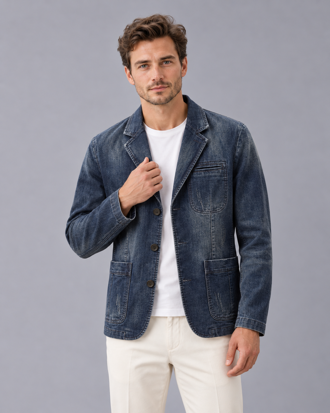Men's Denim Blazer Jacket in Washed Cotton – Casual Blazer with Notch Lapels and Patch Pockets