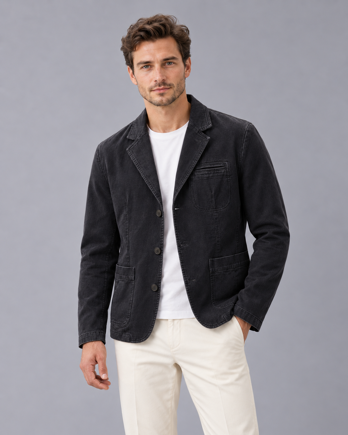 Men's Denim Blazer Jacket in Washed Cotton – Casual Blazer with Notch Lapels and Patch Pockets