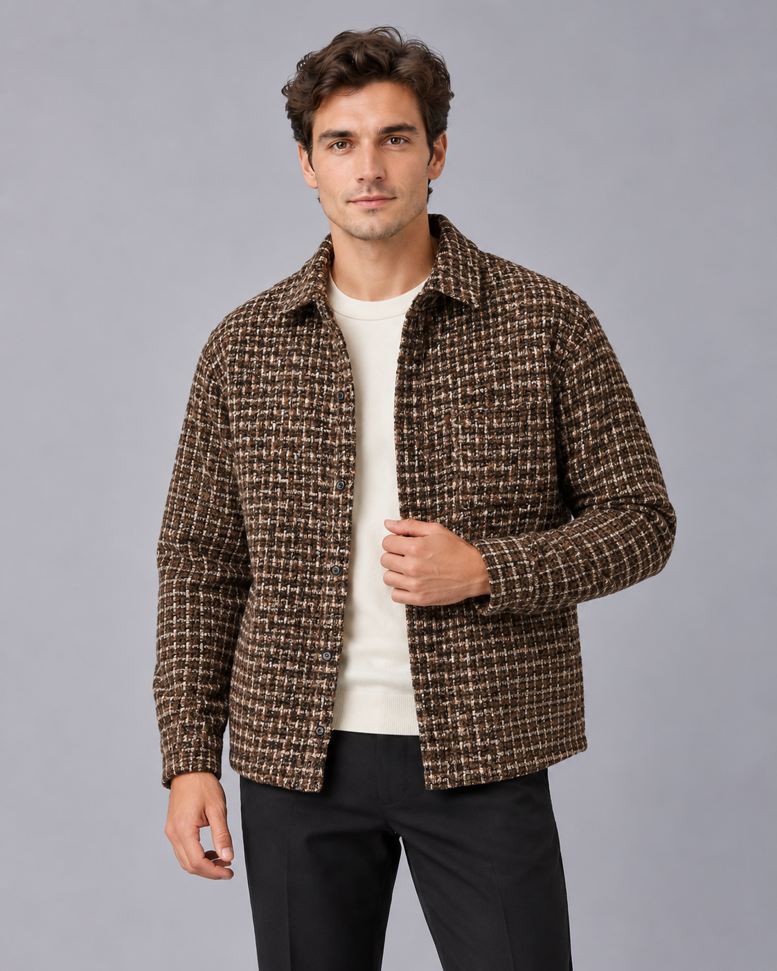 Men's Faux Suede Jacket with Collar – Short Button-Front Jacket with Yoke Seams, Relaxed Fit