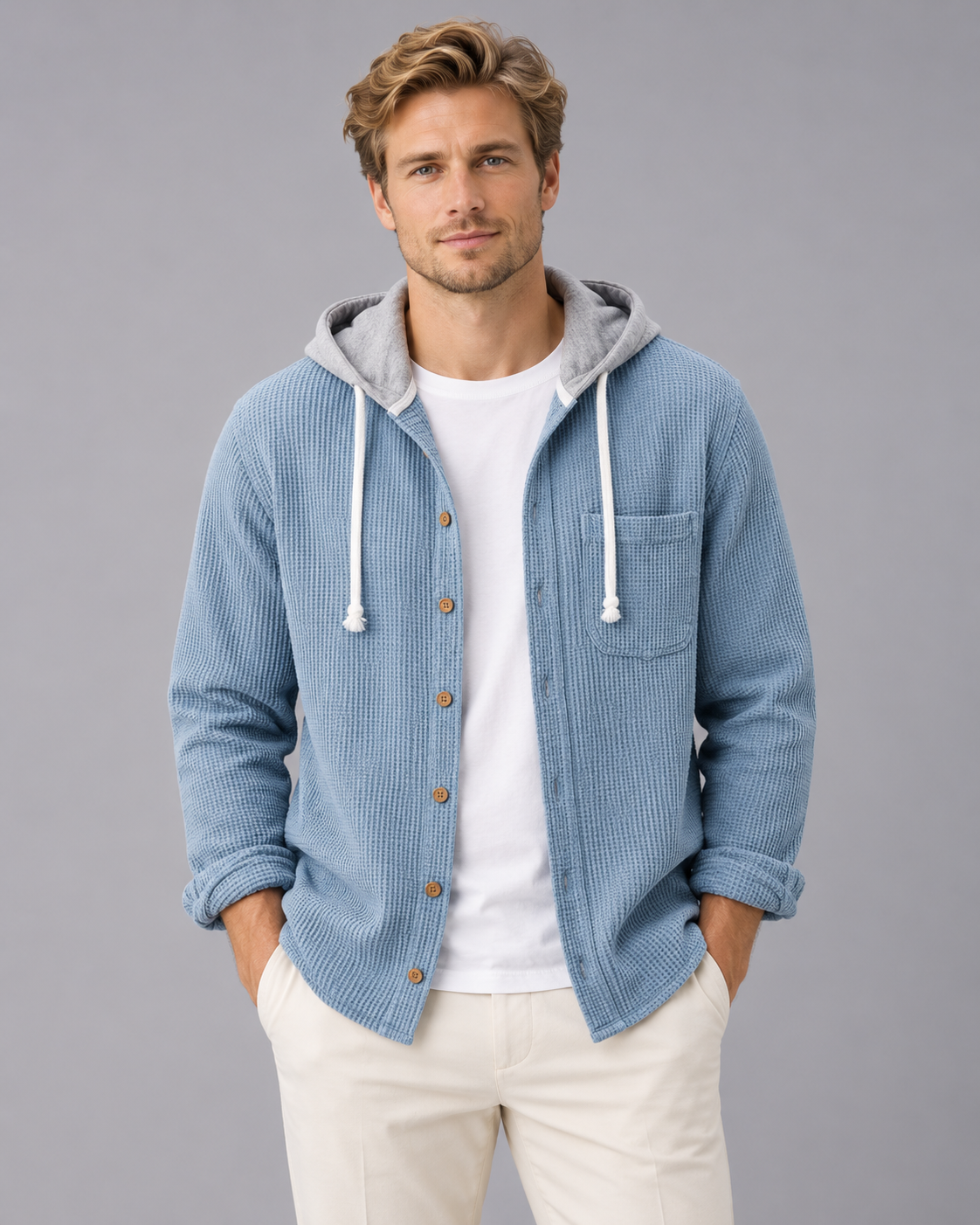 Men's Corduroy Hooded Overshirt – Button-Front Shirt Jacket with Drawstring Hood, Loose Fit