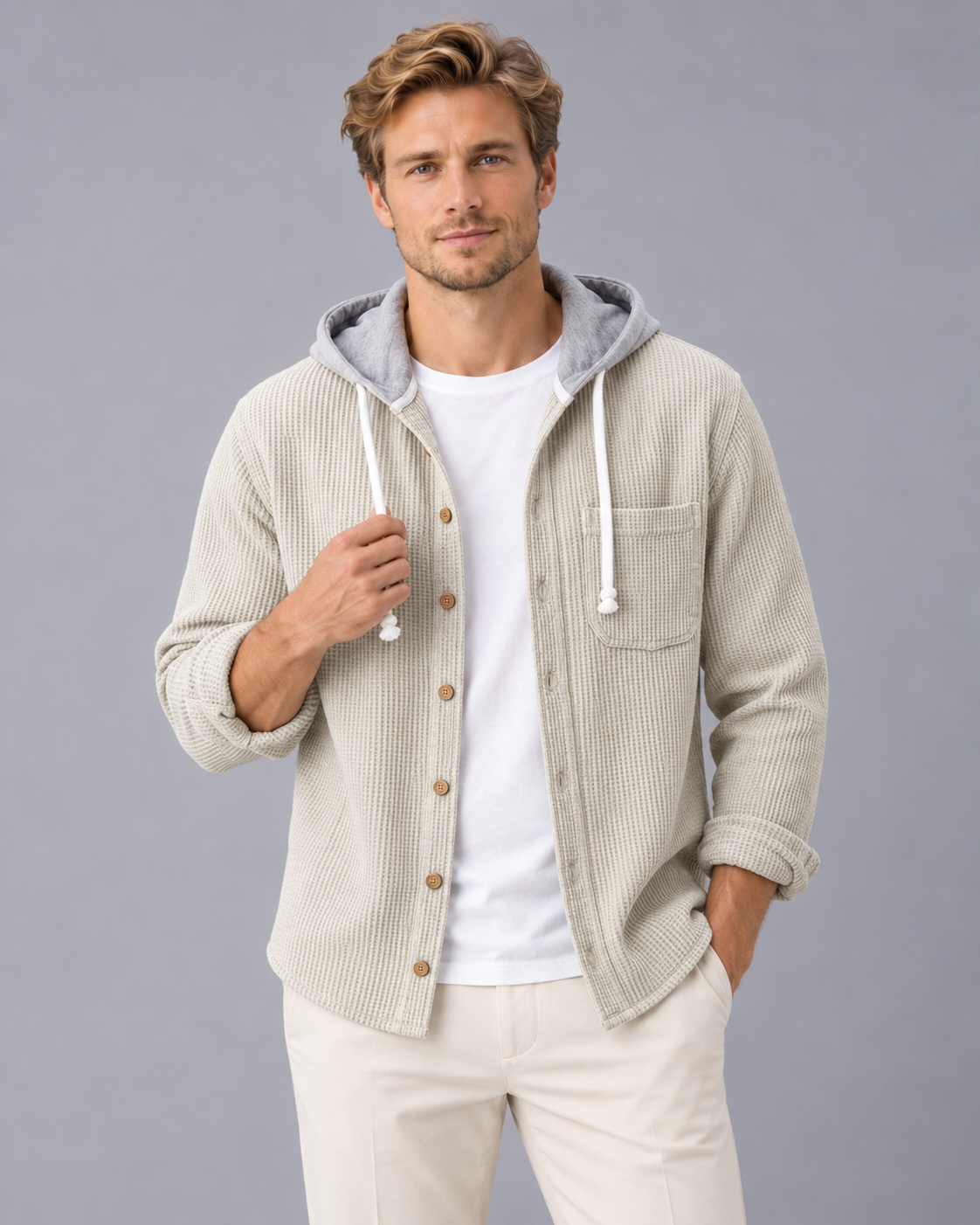 Men's Corduroy Hooded Overshirt – Button-Front Shirt Jacket with Drawstring Hood, Loose Fit