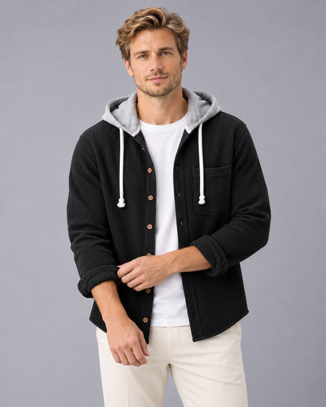 Men's Corduroy Hooded Overshirt – Button-Front Shirt Jacket with Drawstring Hood, Loose Fit