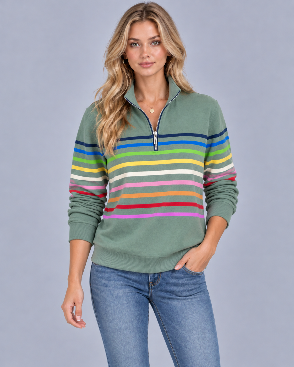 Women's Striped Quarter Zip Jumper – Soft Knit, Stand Collar, Ribbed Cuffs & Hem