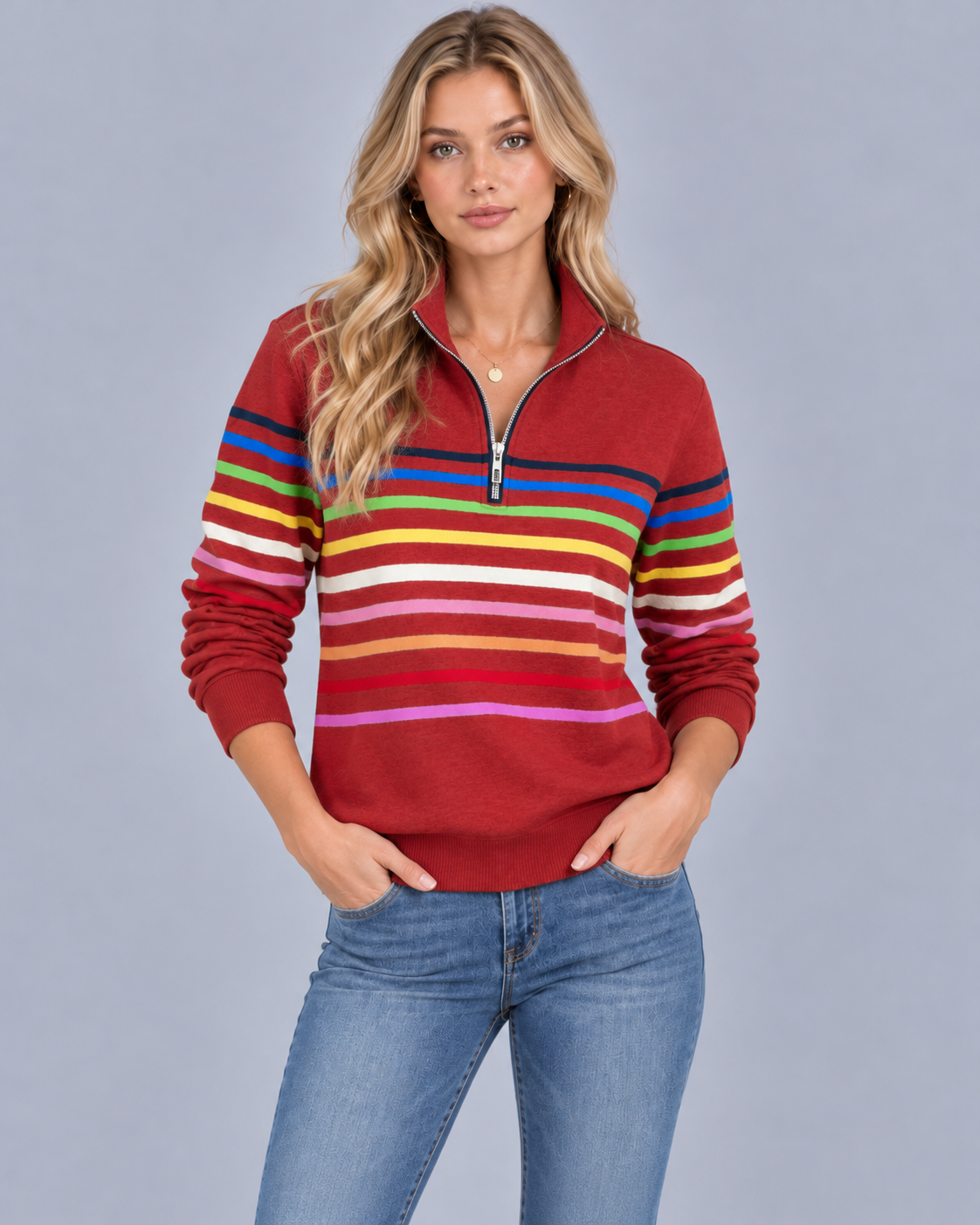 Women's Striped Quarter Zip Jumper – Soft Knit, Stand Collar, Ribbed Cuffs & Hem