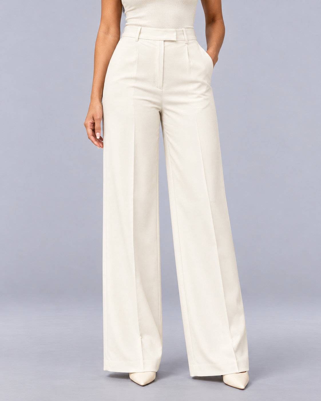Women's High Waisted Wide Leg Trousers – Pleated Front, Pressed Creases, Angled Pockets, Full Length