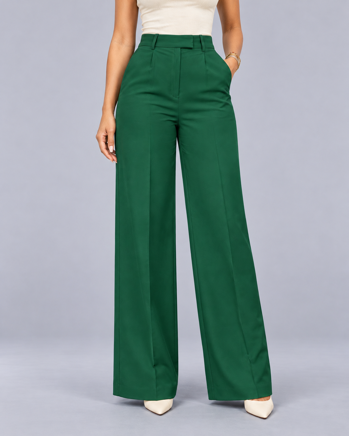 Women's High Waisted Wide Leg Trousers – Pleated Front, Pressed Creases, Angled Pockets, Full Length