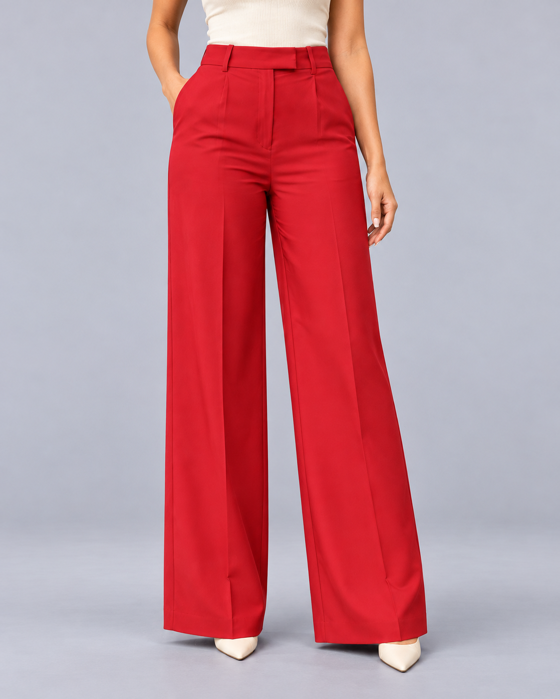 Women's High Waisted Wide Leg Trousers – Pleated Front, Pressed Creases, Angled Pockets, Full Length