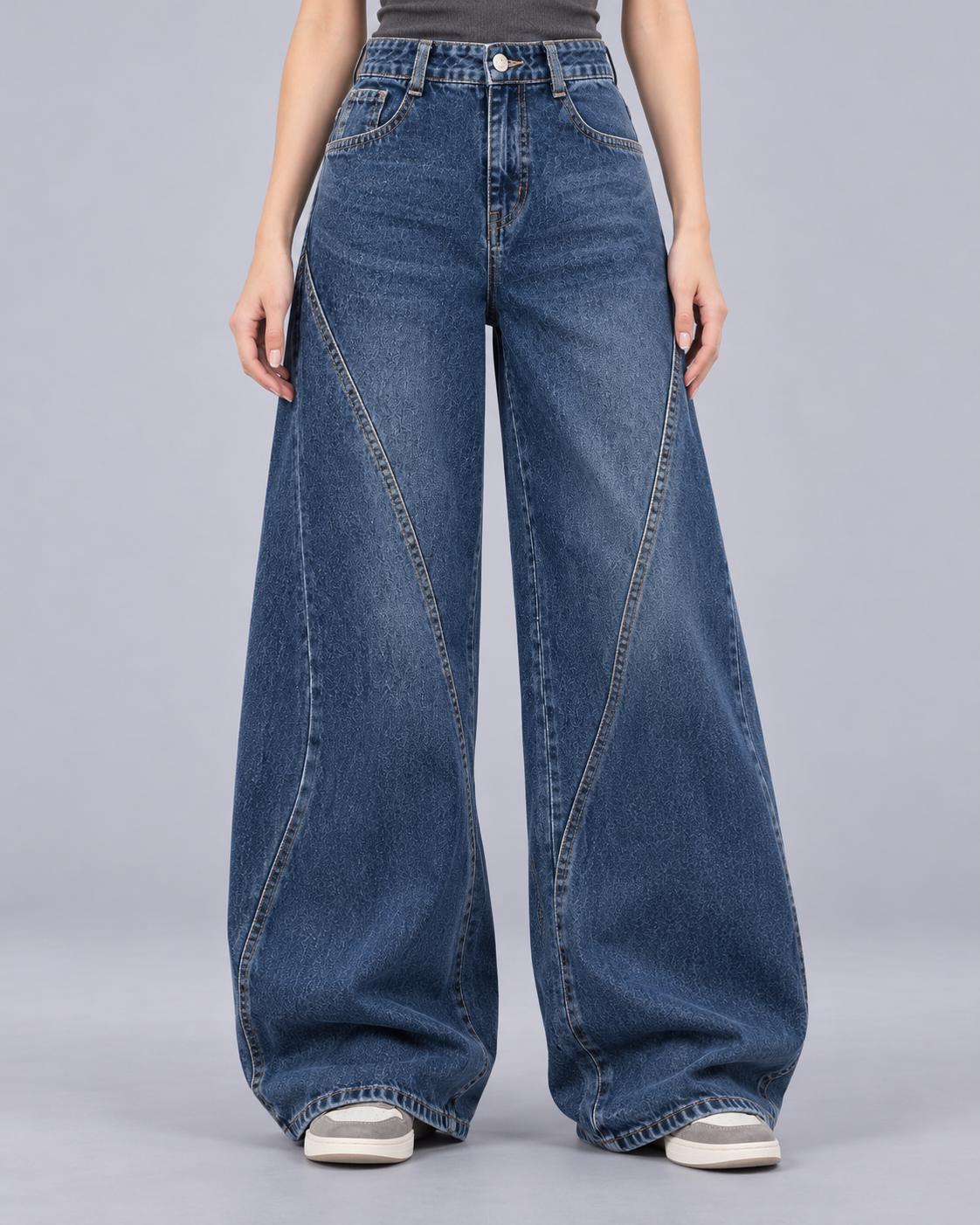 Women's Wide Leg Jeans in Cotton-Blend Denim – Scimitar Cut, Curved Seams, High Rise, Vintage Wash