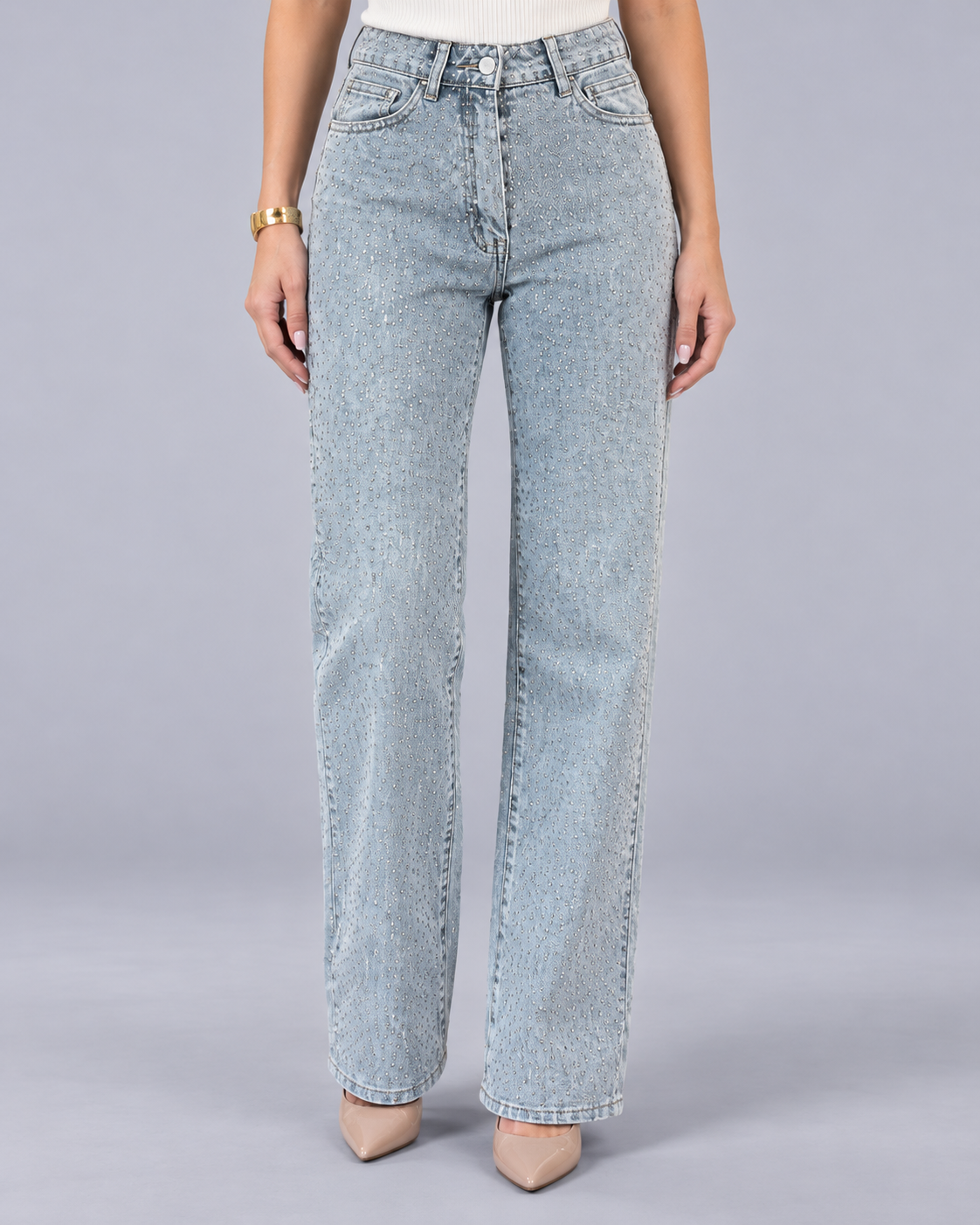 Women's Straight Leg Jeans in Cotton-Blend Denim – All-Over Rhinestones, High Rise, Stretch