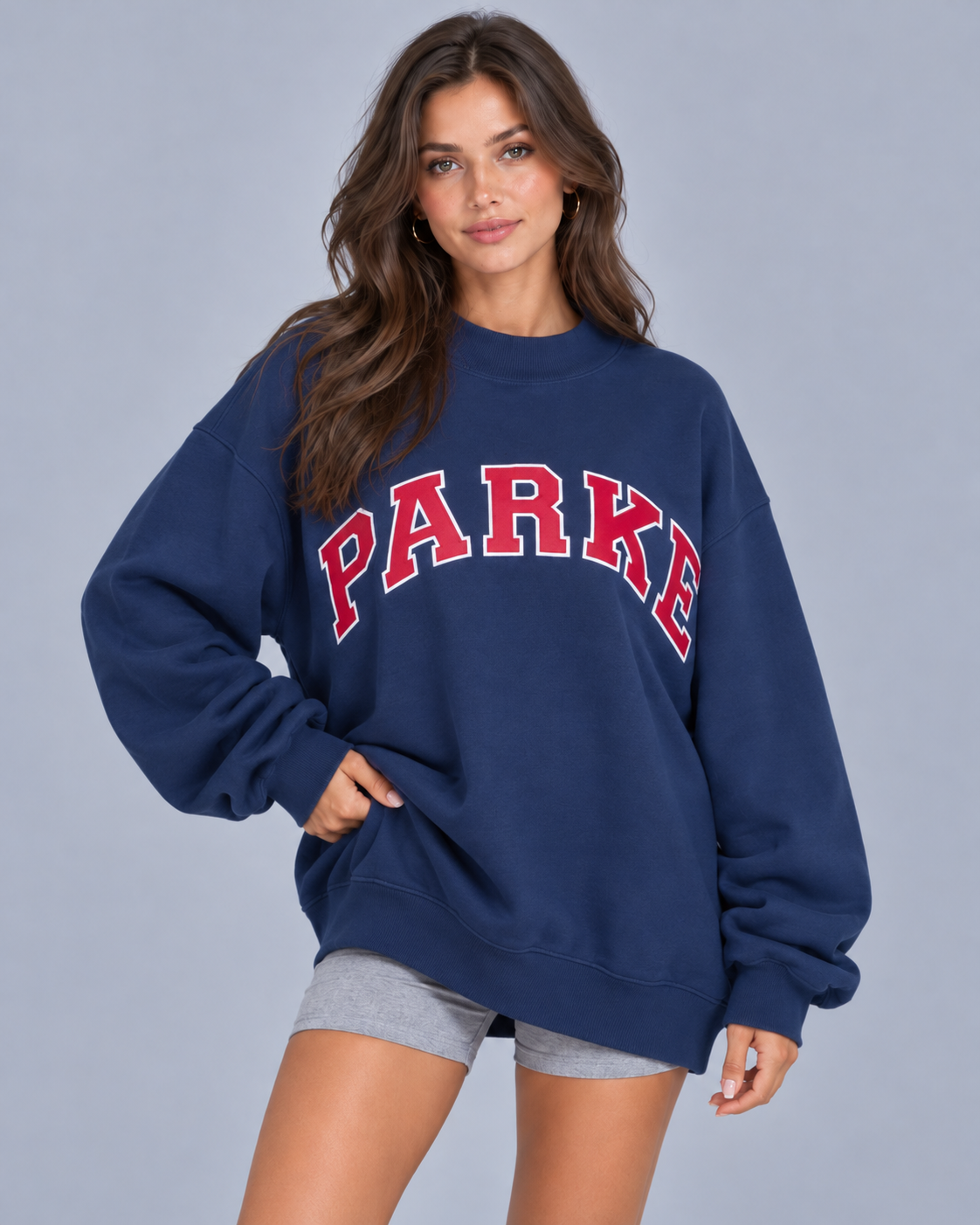 Women's Mock Neck Oversized Jumper | Long Sleeve Sweatshirt with Chenille varsity lettering
