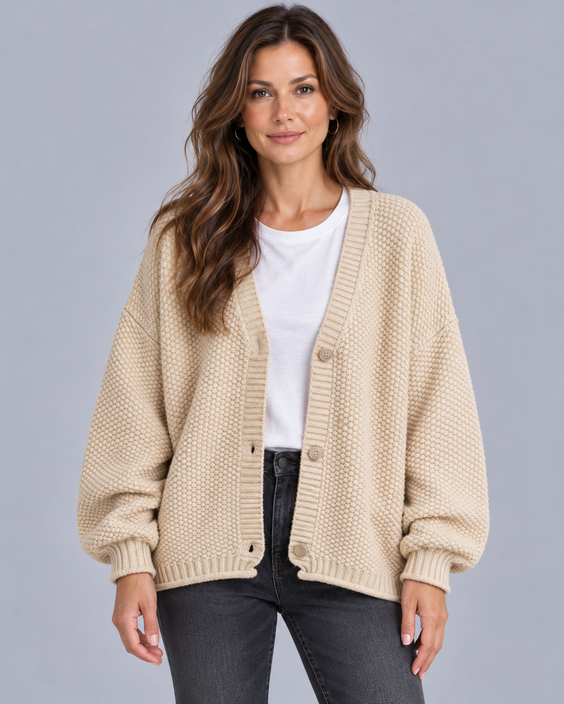 Women's Wool blend Chunky Knit Cardigan | Oversized with Balloon Sleeves