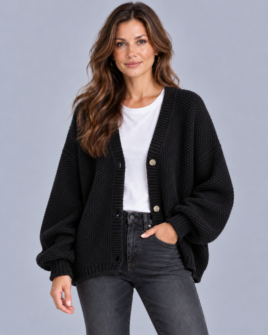 Women's Wool blend Chunky Knit Cardigan | Oversized with Balloon Sleeves