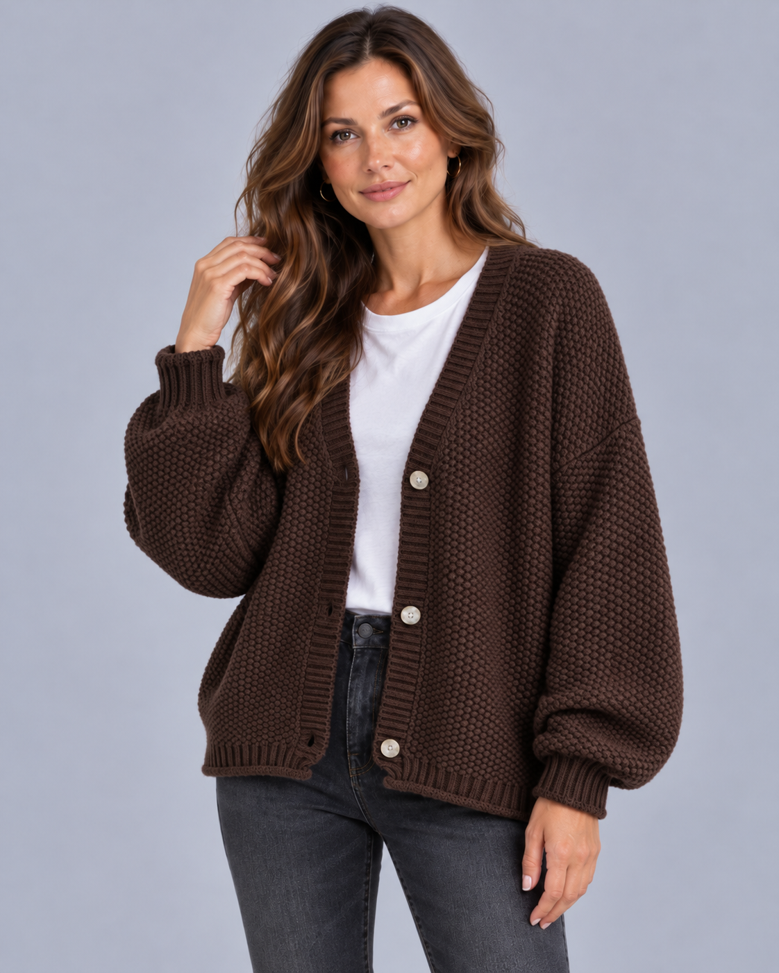 Women's Wool blend Chunky Knit Cardigan | Oversized with Balloon Sleeves