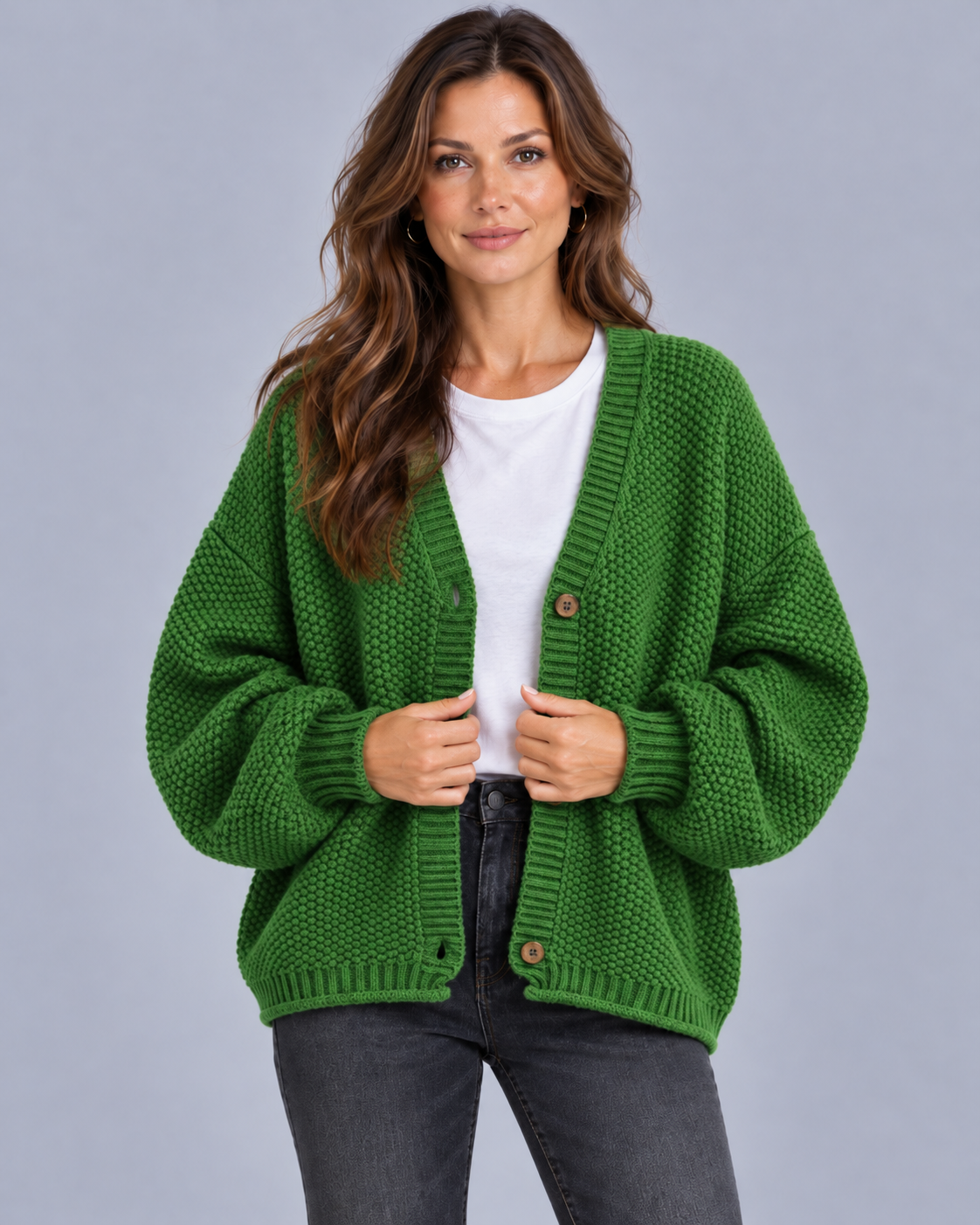 Women's Wool blend Chunky Knit Cardigan | Oversized with Balloon Sleeves