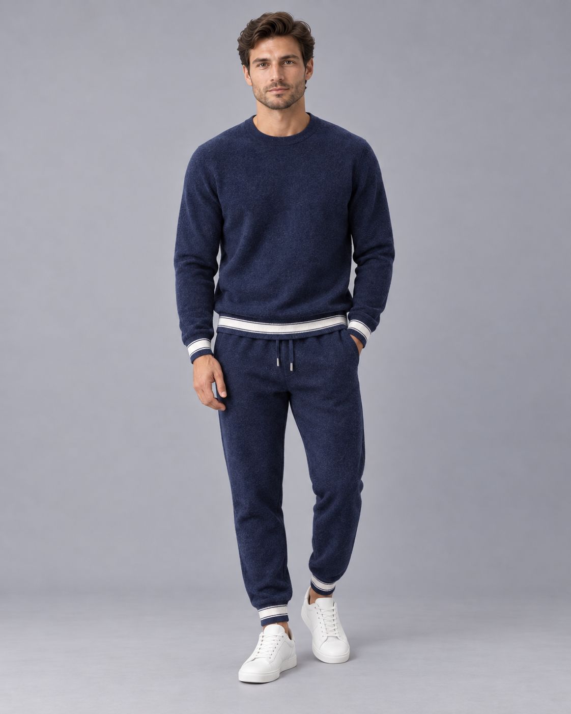 Men's 100% Cashmere Lounge Set with Crew-Neck Jumper and Striped Joggers