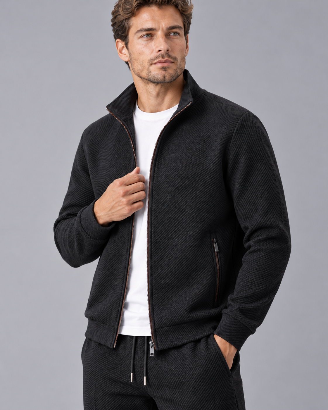 Men's Textured Tracksuit with Zip-Up Jacket and Drawstring Joggers