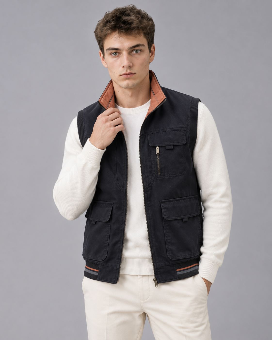 Men's Multi Pocket Gilet with Stand Collar and Full Zip